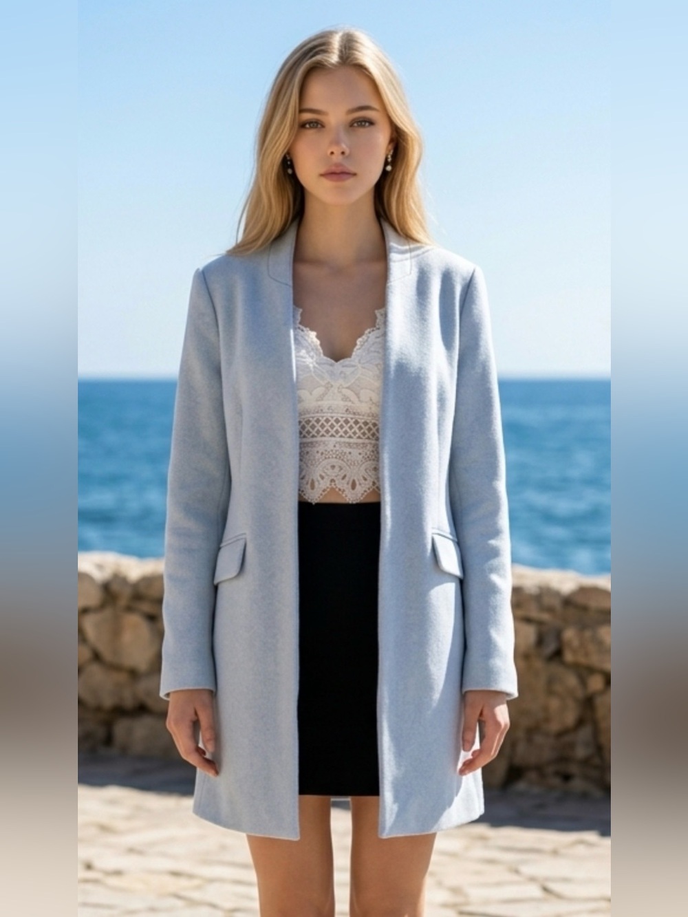 Classic Light Blue Women's Long Coat - Elegant Open Front